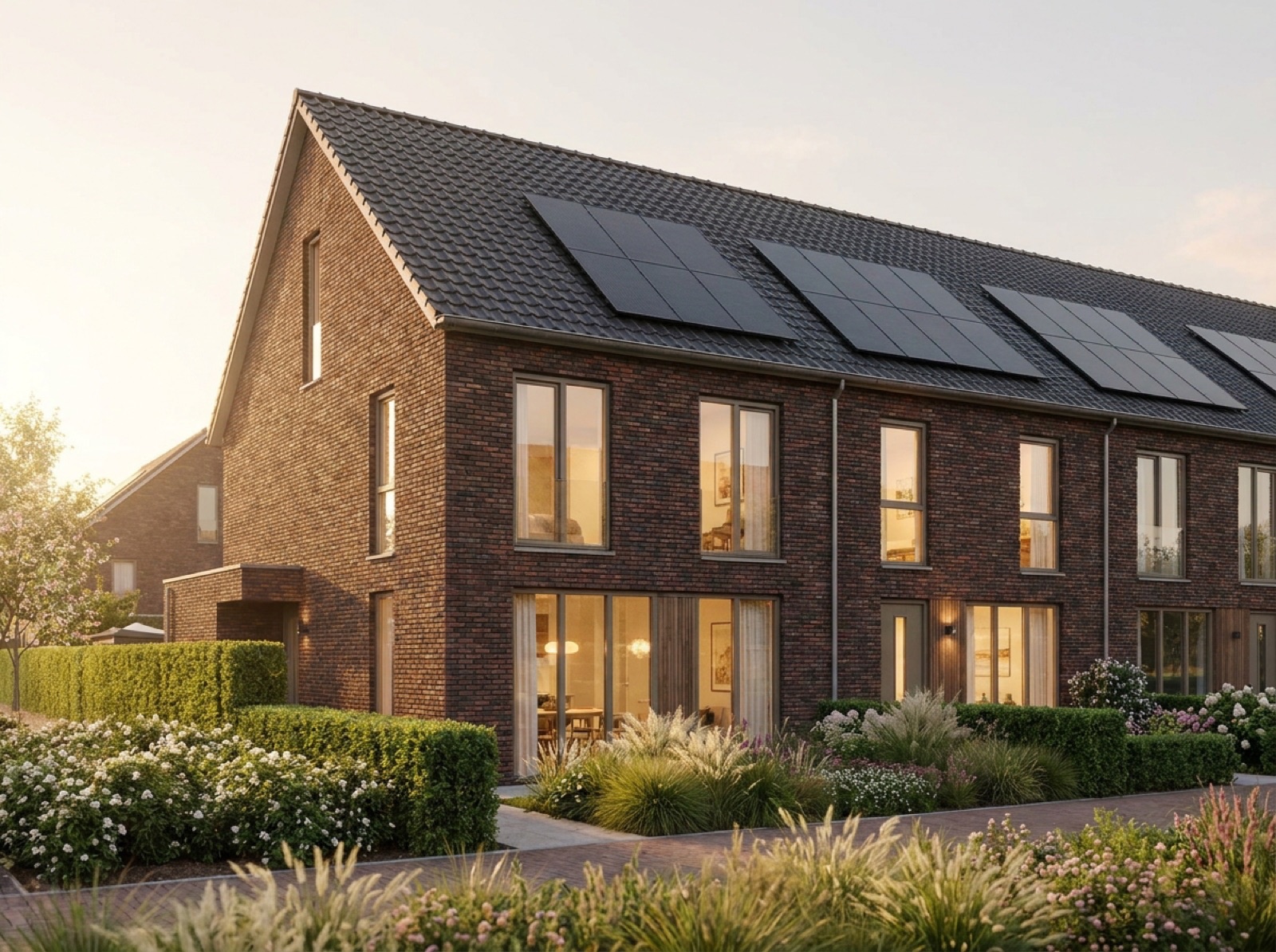 Verduurzaamd Nederlands rijtjeshuis met zonnepanelen in het avondlicht